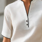 Contrast Trim Notch Collar Short Sleeve Blouse With Minimal Button Placket
