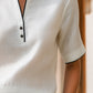Contrast Trim Notch Collar Short Sleeve Blouse With Minimal Button Placket