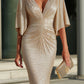 Metallic Pleated Deep V-Neck Ruched Maxi Dress
