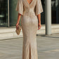 Metallic Pleated Deep V-Neck Ruched Maxi Dress