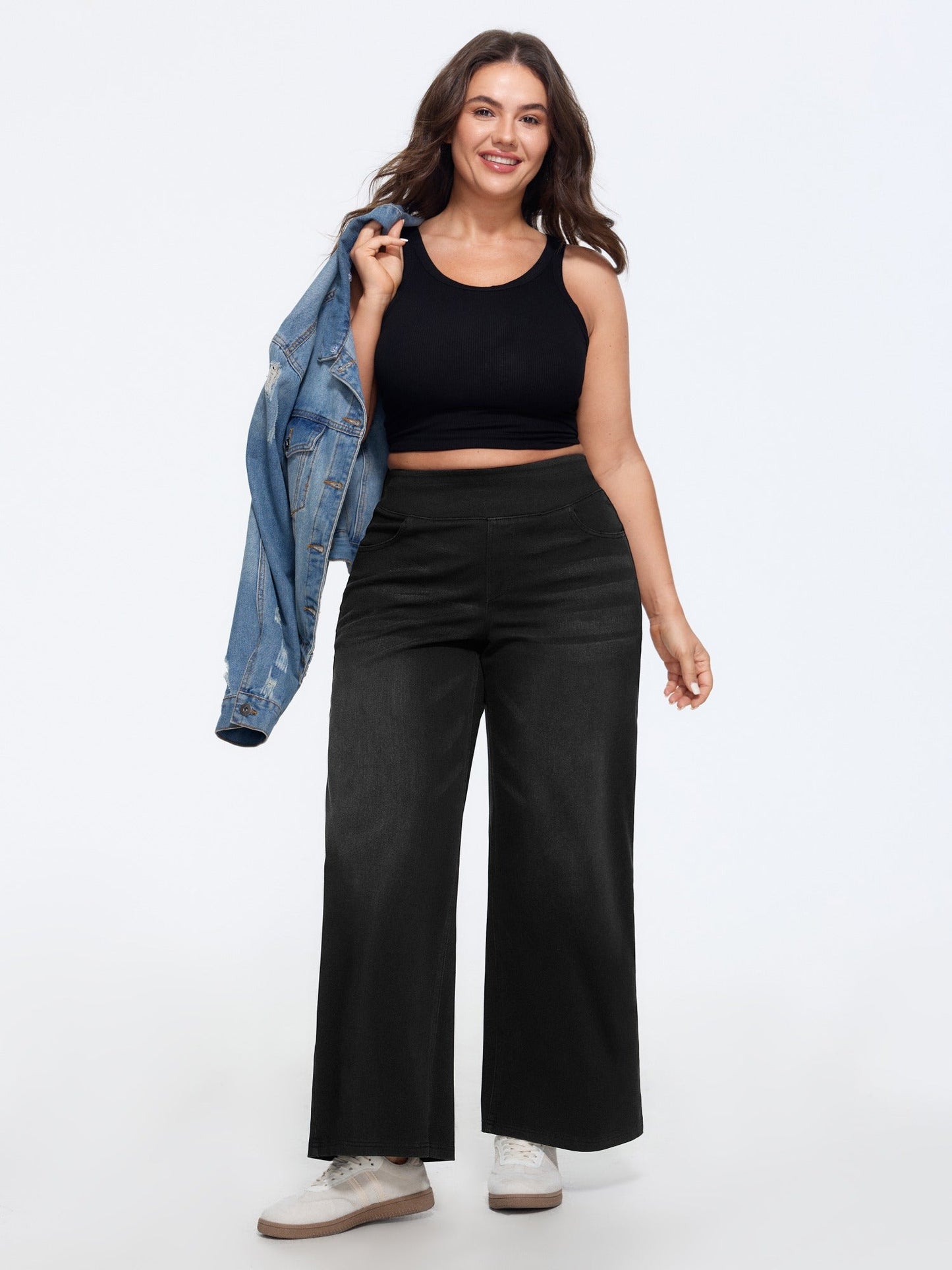 Stretchy Pull-On Wide-Leg Knit Jeans