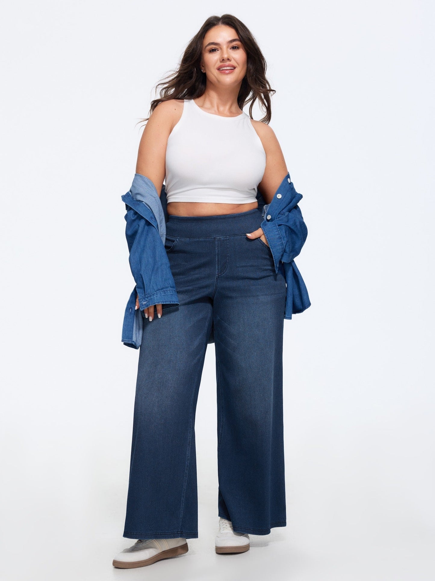 Stretchy Pull-On Wide-Leg Knit Jeans