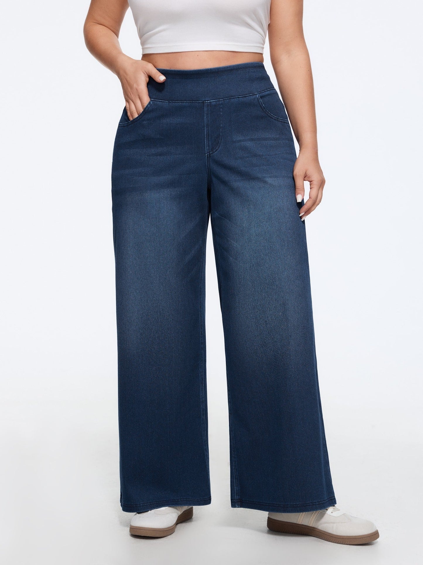 Stretchy Pull-On Wide-Leg Knit Jeans