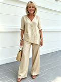 Casual Cotton and Linen Solid Color Fashion Casual Medium Sleeve V-neck Top Set
