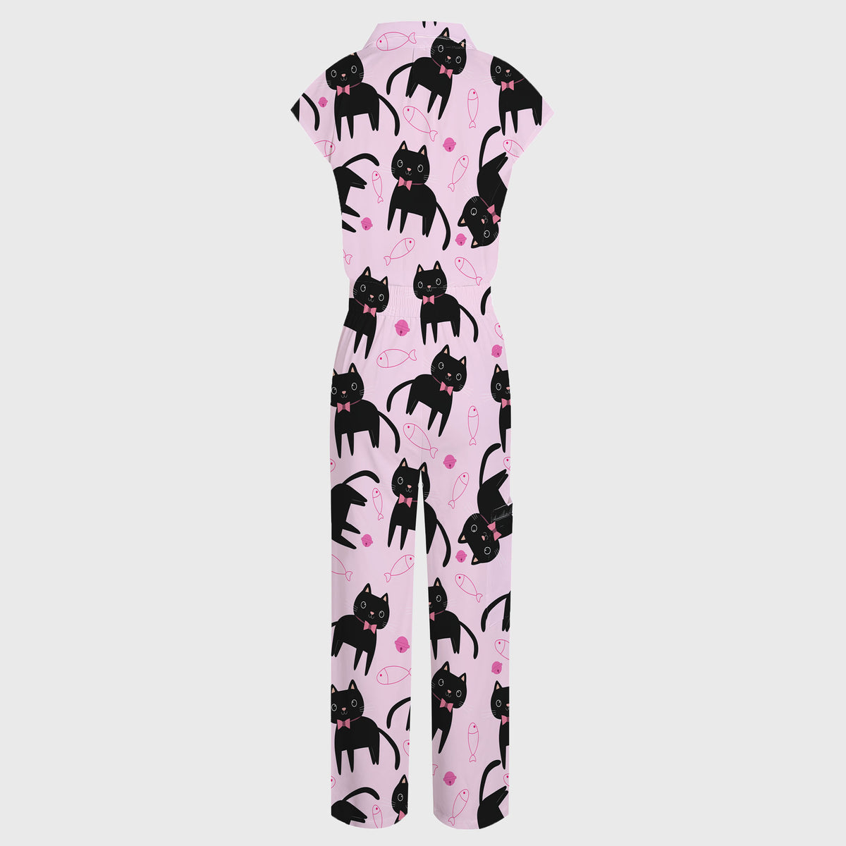 Women's Wide Leg Cat with Fish Print Scrub Jumpsuit