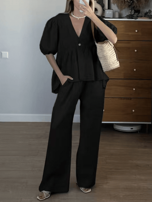 Women'S Solid Color Lantern Sleeve Shirt Wide Leg Pants Suit