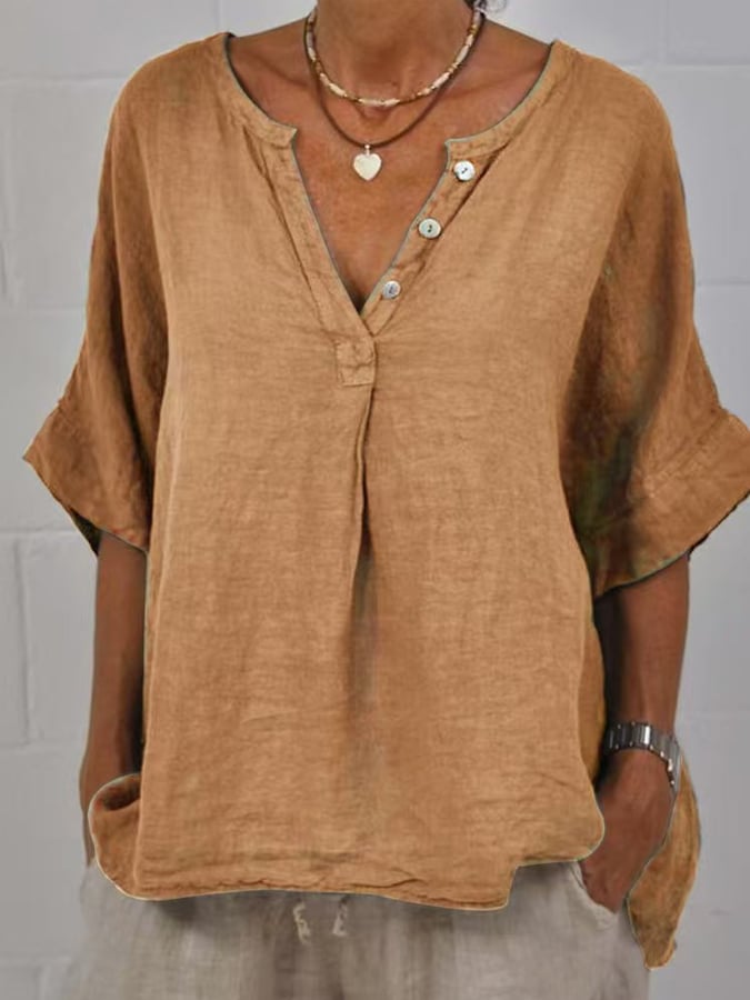 Women's Solid Mid Sleeve V-Neck Button-Up Cotton and Linen Shirt