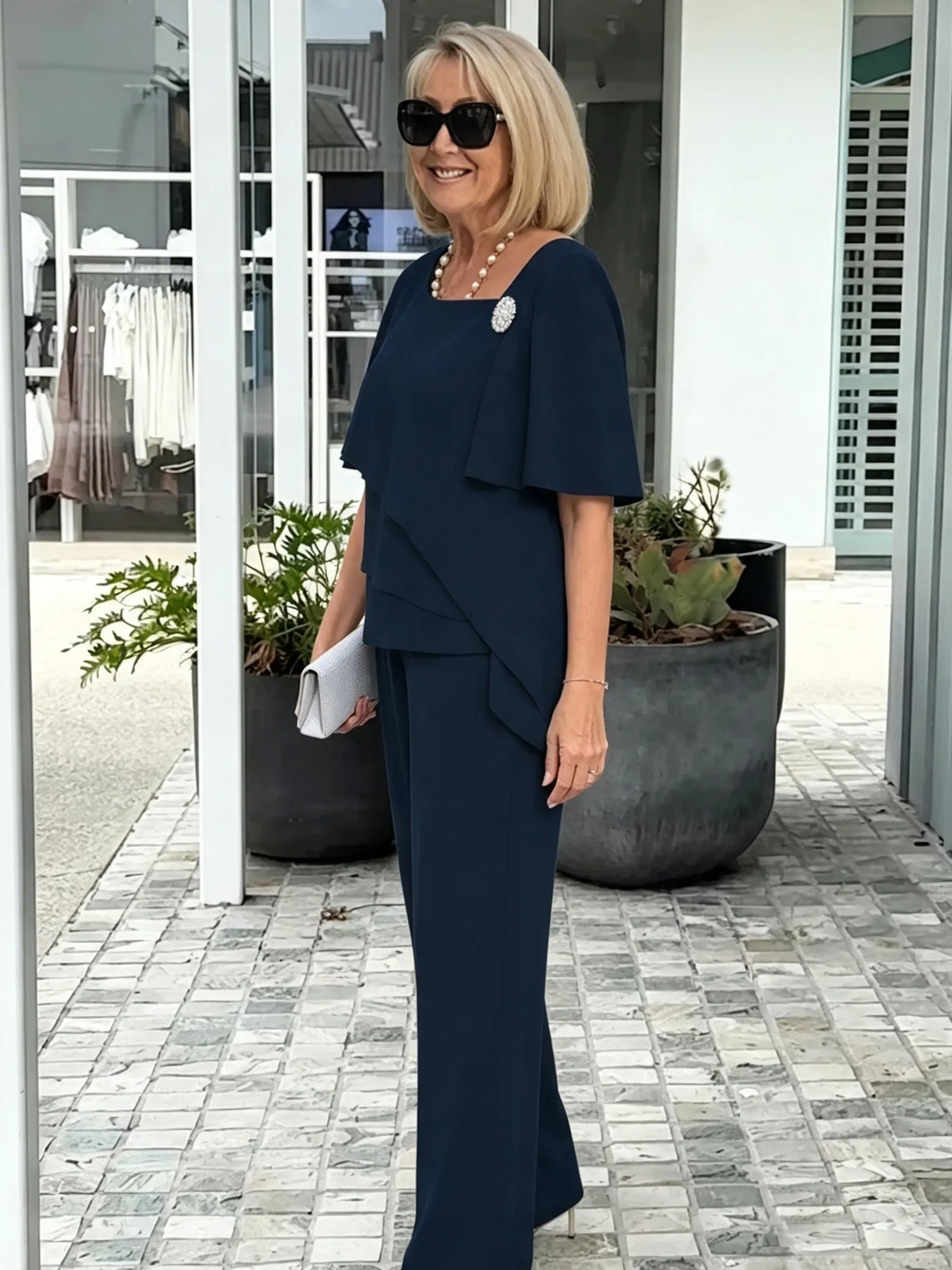 Women's 2 Piece Pants Outfit Set, Asymmetric Neck Flutter Sleeve Beaded Chiffon Top & Wide Leg Trousers, Elegant Loose Matching Two Piece Set for Wedding Guest Daily