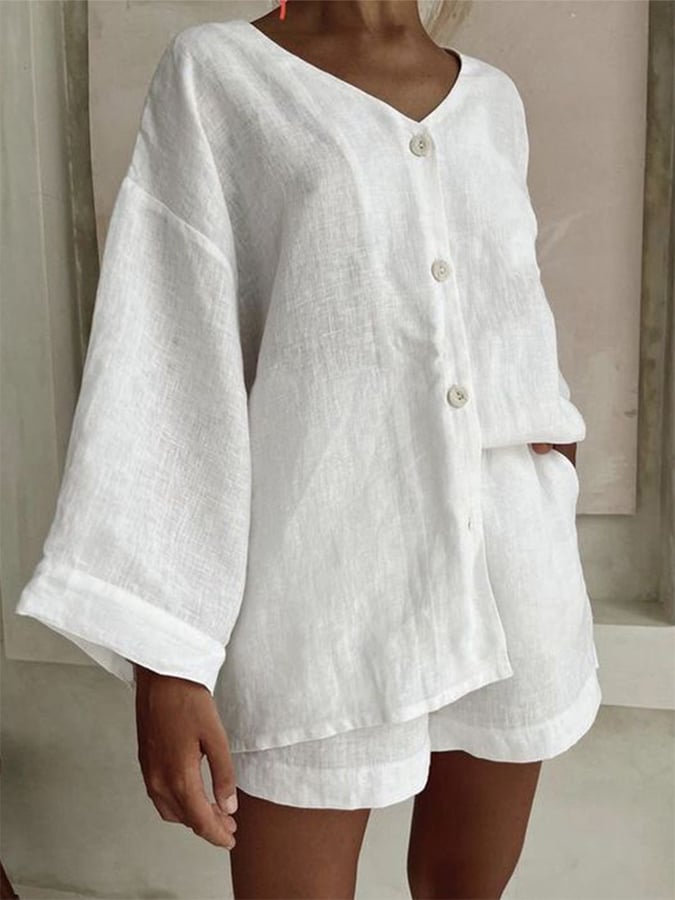 Women'S Loose V-Neck Casual Shirt Shorts Pants Set
