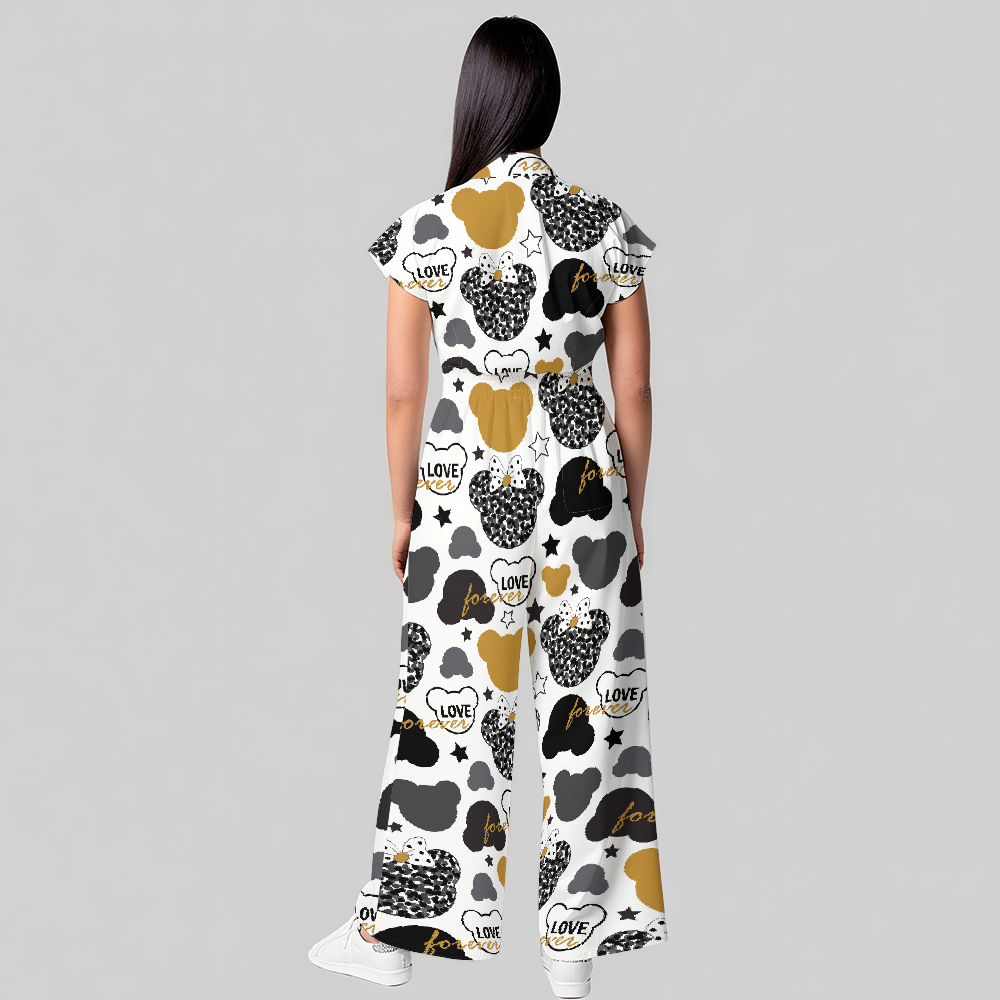 Women's Wide Leg Love Bear Print Scrub Jumpsuit
