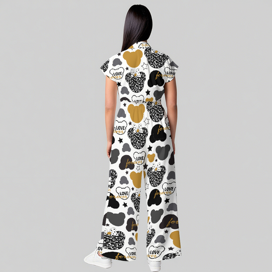 Women's Wide Leg Love Bear Print Scrub Jumpsuit