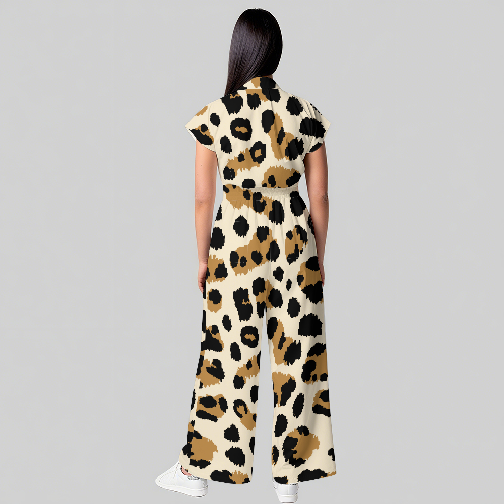 Women's Leopard Collection Printed Wide Leg Scrub Jumpsuit