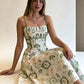 Green Botanical Print Smocked Midi Dress