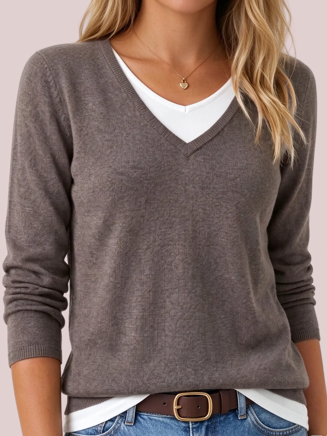 Women's V Neck Faux Two Piece Knit Sweater