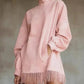 Women's High Neck Oversized Fringe Sweatshirt Dress with Side Pockets