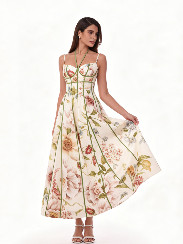 Cream Floral Corset Bustier Midi Dress