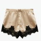 Black Puff Sleeve Top & Lace Trim Satin Shorts Set