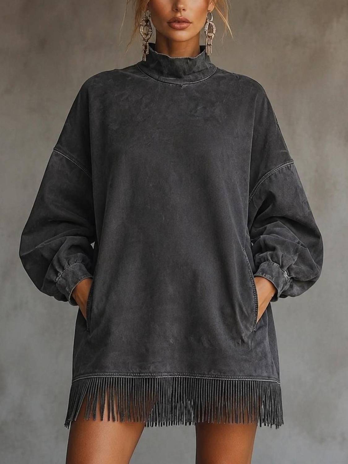 Women's High Neck Oversized Fringe Sweatshirt Dress with Side Pockets