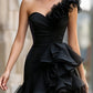 Black One-Shoulder Ruffled Evening Gown With Front Slit