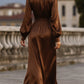 Mooyius Satin Cinched Waist Maxi Dress In Mocha Brown