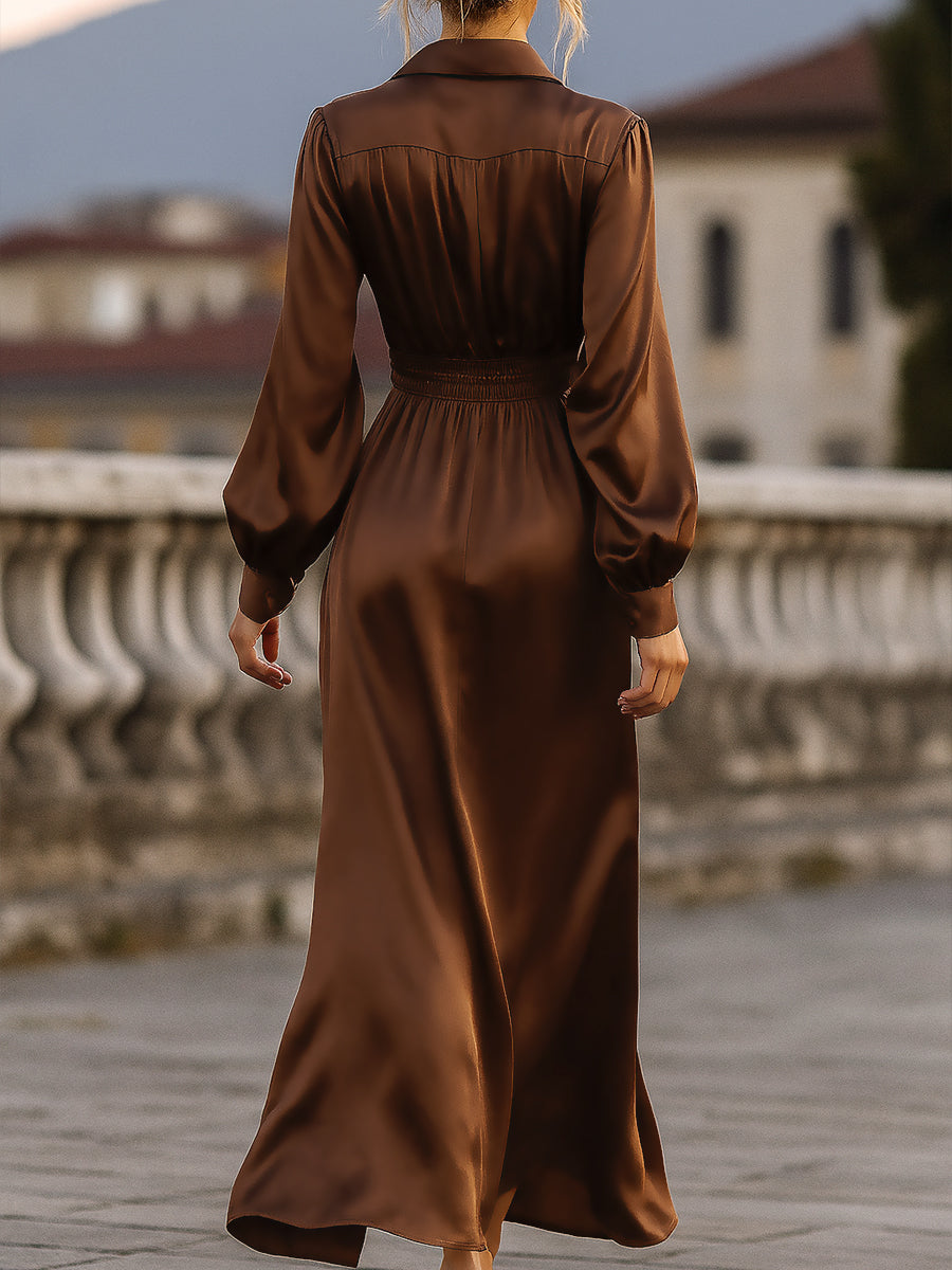 Mooyius Satin Cinched Waist Maxi Dress In Mocha Brown
