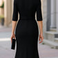 Elegant Belted Black Midi Dress With Split Sleeves