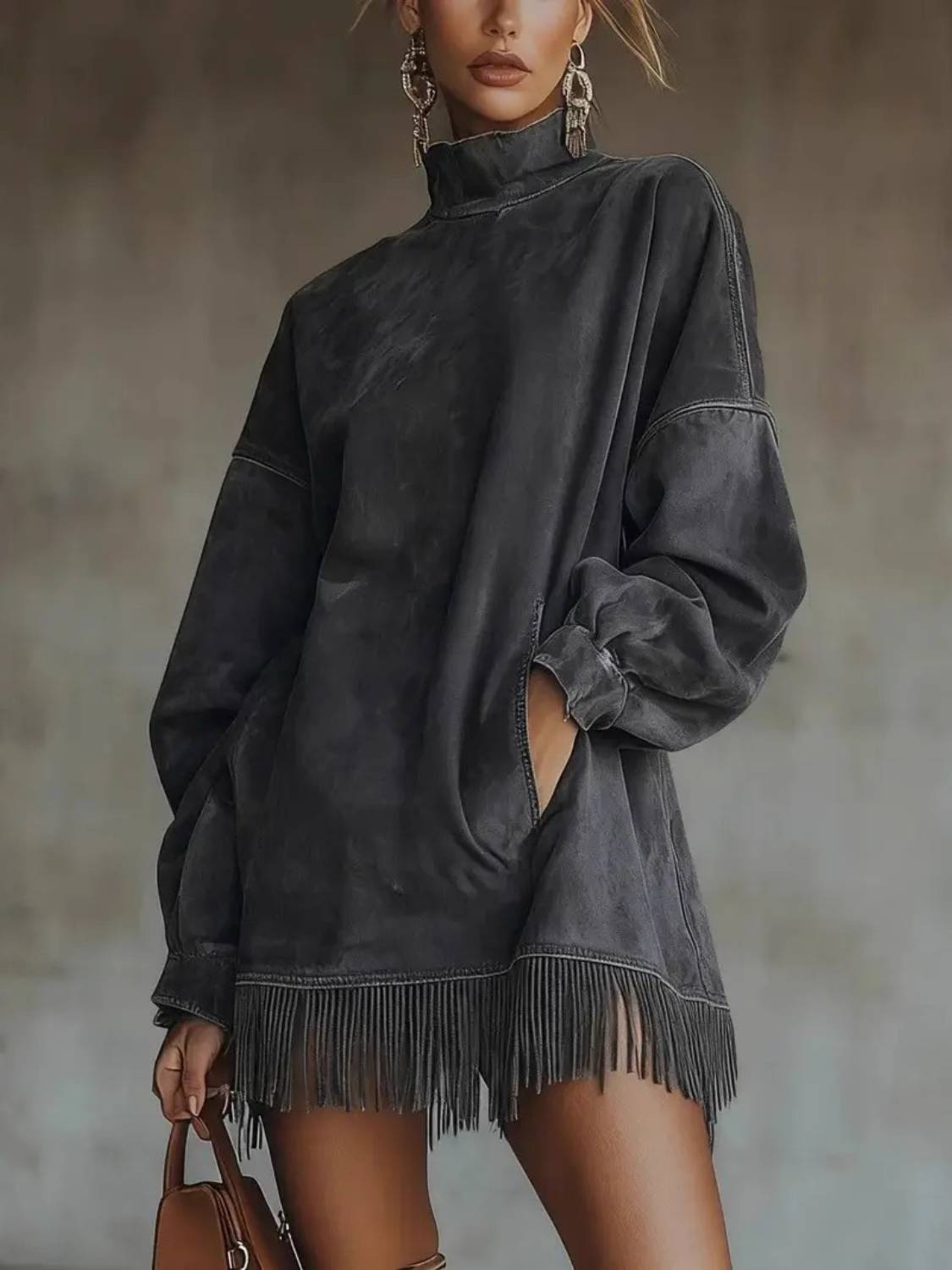 Women's High Neck Oversized Fringe Sweatshirt Dress with Side Pockets