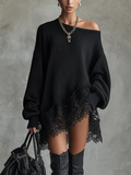 Black Oversized With Lace Hem  Mini Dress
