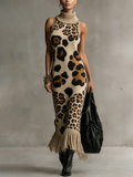 Brown Leopard Print Knitted Tassel Sleeveless Maxi Dress