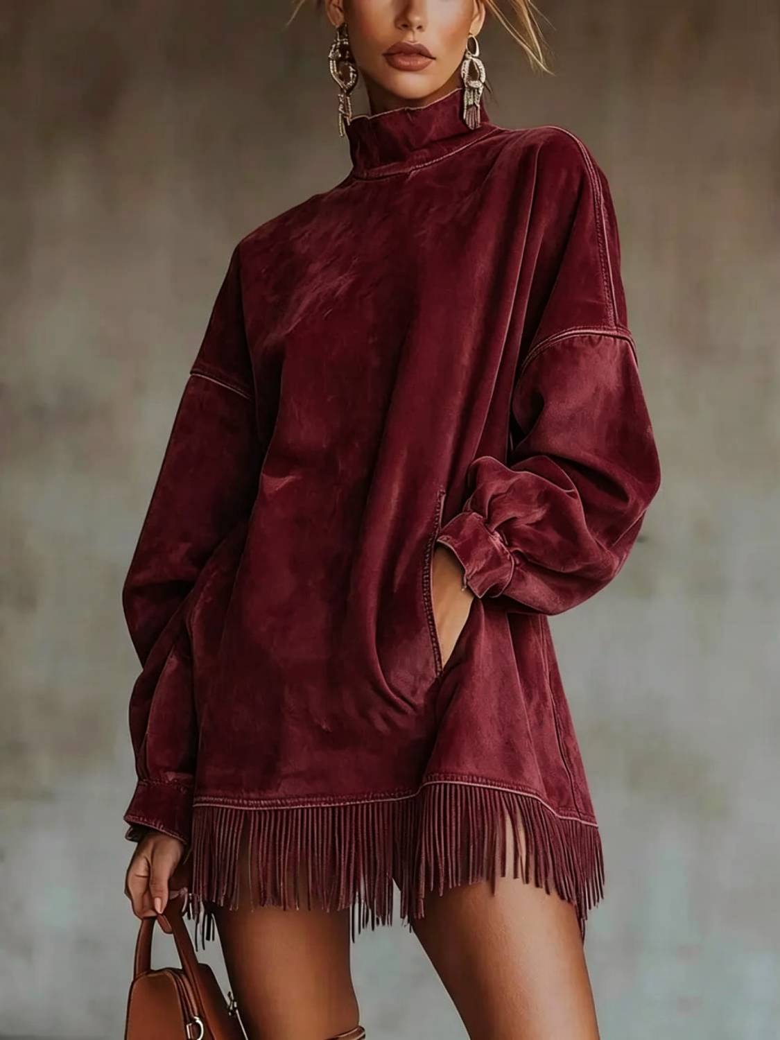 Women's High Neck Oversized Fringe Sweatshirt Dress with Side Pockets