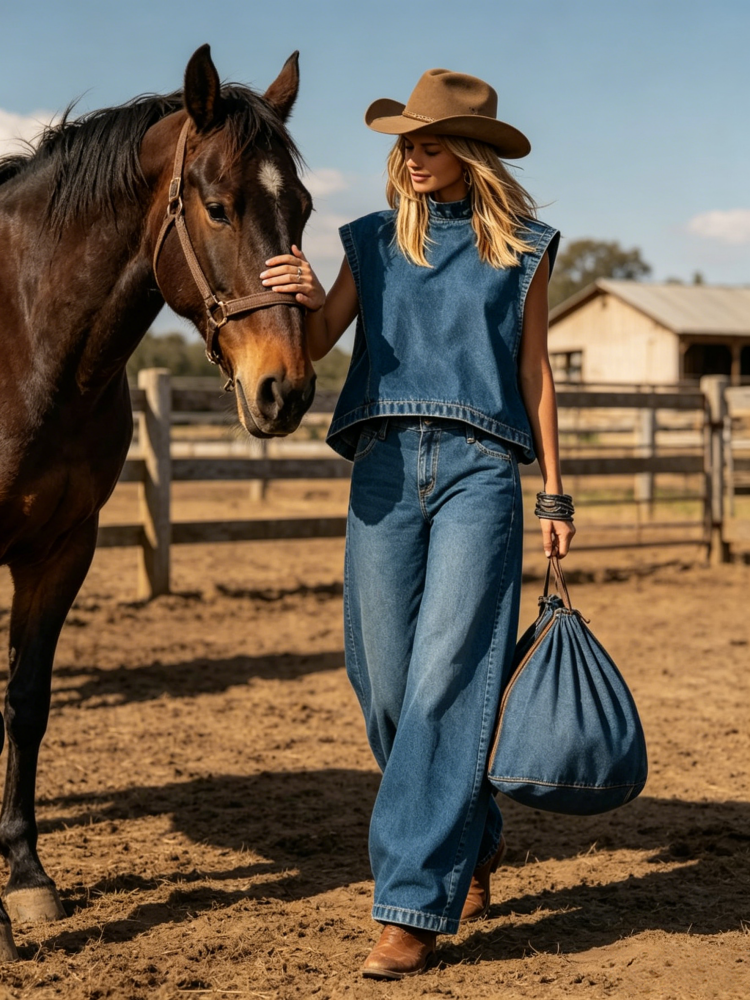 Women's Denim Co-Ord Set - Sleeveless Mock Neck Top & Wide Leg Jeans