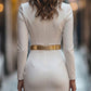 Elegant White Mandarin Collar Dress with Belt Design