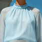 Sheer Pleated High-Neck Blouson Sleeve Blouse