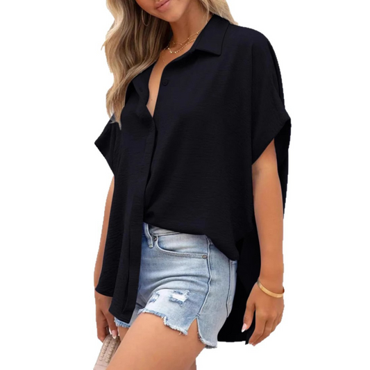 Women's Casual Button Short Sleeve Slit Hem Shirt
