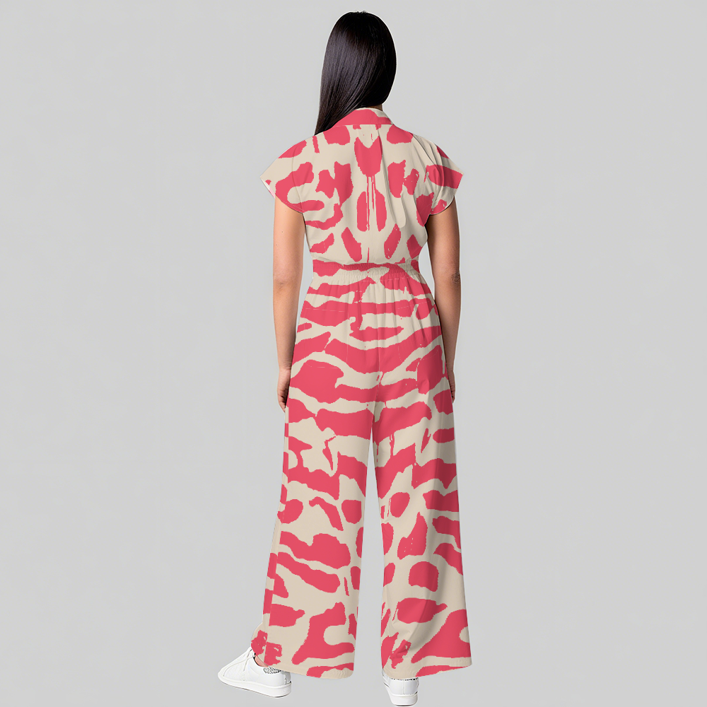 Women's Lapel Collar Wide Leg Pink Zebra Printed Scrub Jumpsuit