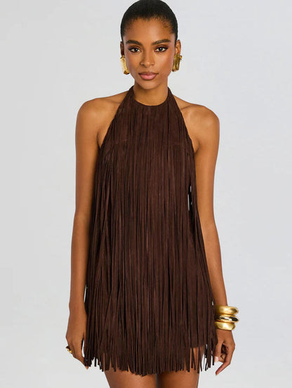 Halter-Style Tassels Faux Suede Mini Dress