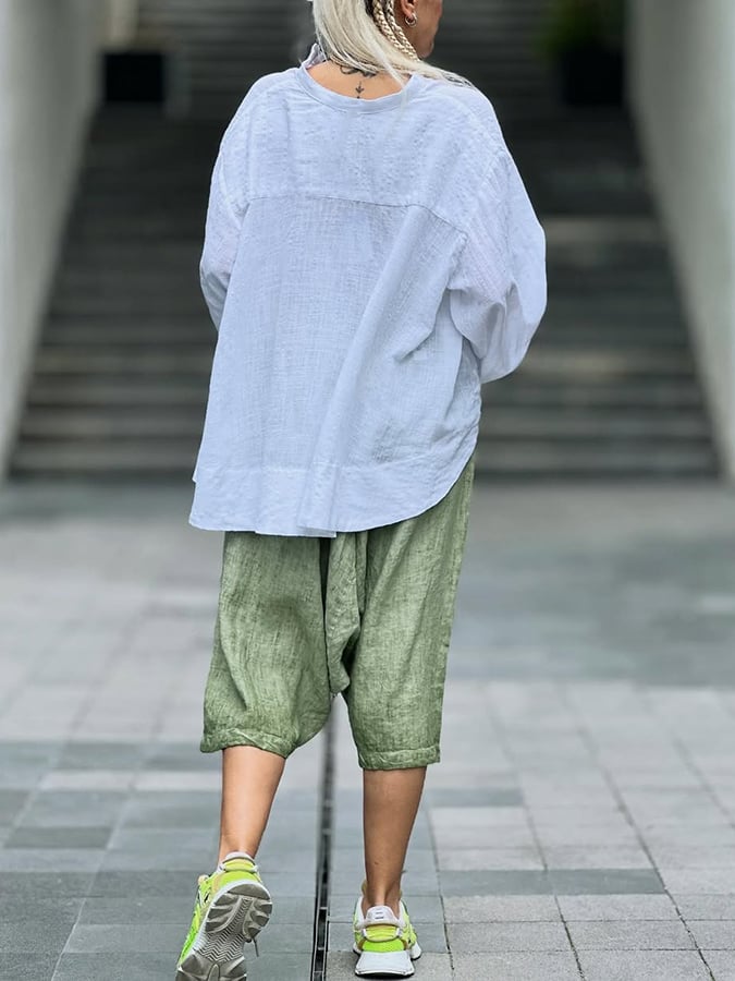 Women's Casual Solid Color V-Neck Long Sleeve Loose Top Cropped Shorts Set