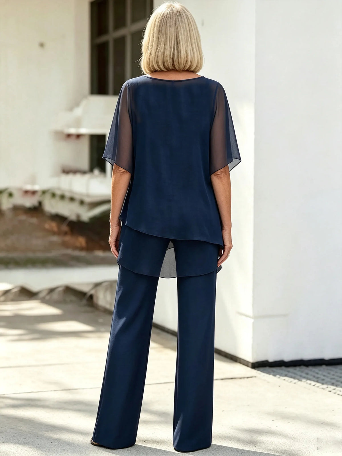 2 Piece Pant Set, Round Neck Keyhole Cutout Chiffon Cape Top, Irregular Layered Hem, Loose Flowy Batwing Sleeves, High Waist Straight Wide Leg Trousers, Lightweight Sheer Fabric, Elegant Outfit Set for Wedding Guest and Formal Occasions