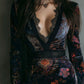 Boho Floral Print V-Neck Velvet Bodycon Mini Dress With Lace Trim