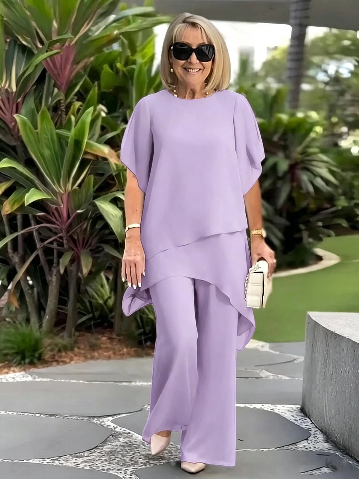 Women's 2 Piece Chiffon Pants Set, Round Neck Sheer Flutter Sleeve Asymmetric Double Layer Tunic Top & Wide Leg Trousers, Elegant Loose Matching Outfit for Wedding Guest Formal Occasions