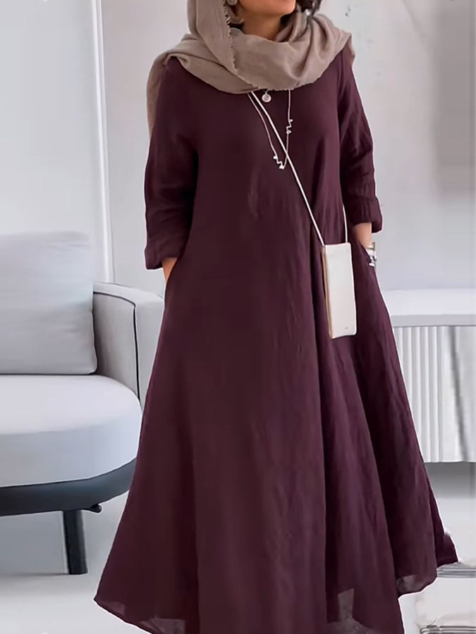 Women's Casual Solid Color V-Neck Long Sleeve Cotton and Linen Dress
