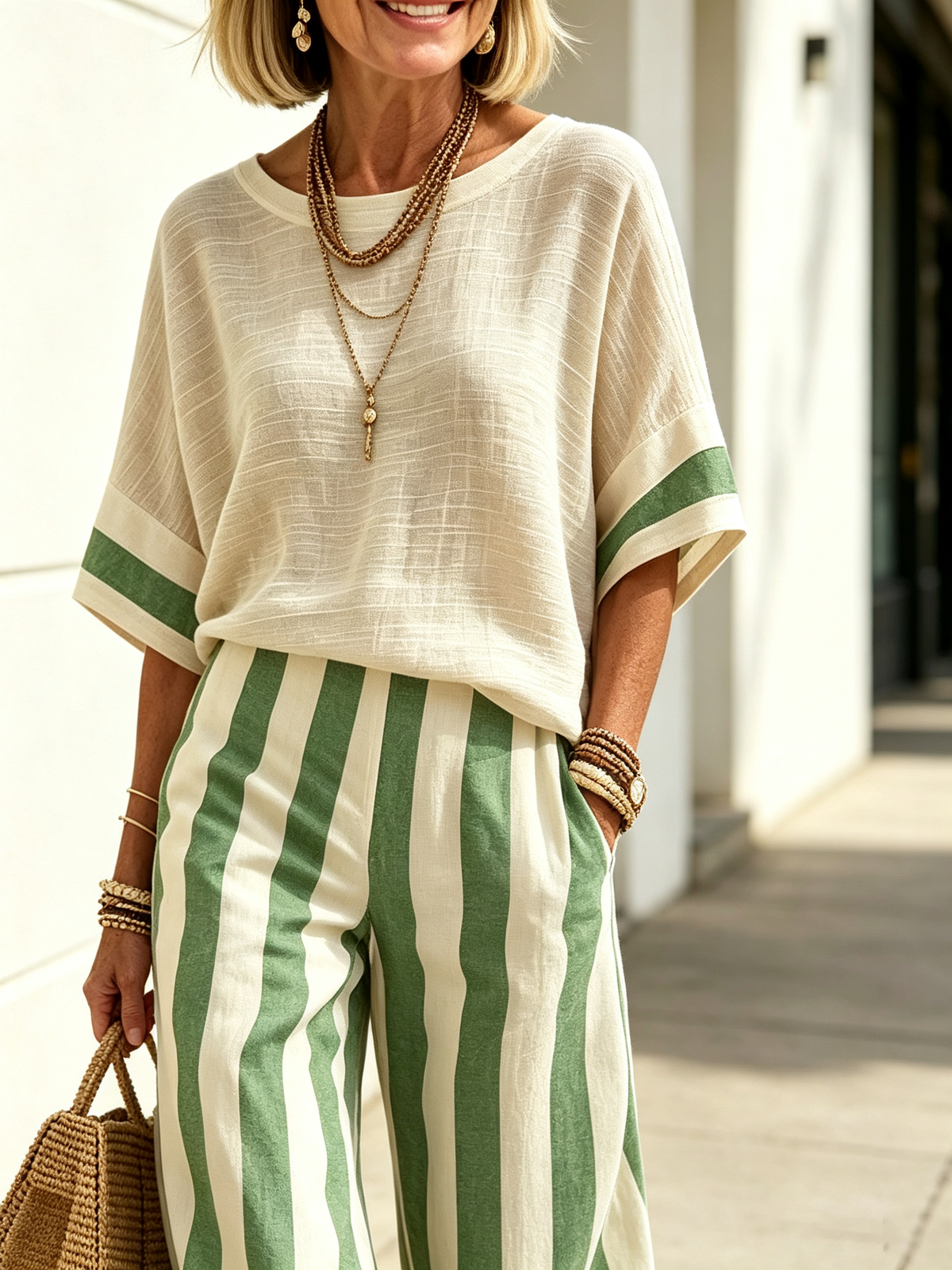 2Pcs Casual Cotton Linen Outfits Short Sleeve Loose Top with Striped Wide Leg Pants Set Summer Beach Vacation Holiday Streetwear Matching Sets