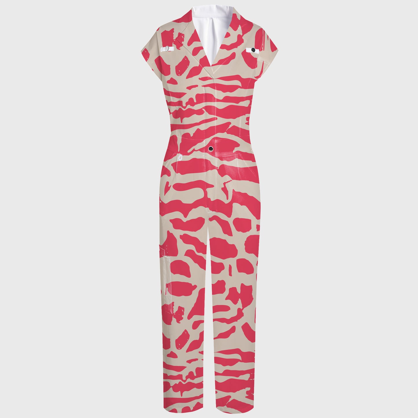Women's Lapel Collar Wide Leg Pink Zebra Printed Scrub Jumpsuit