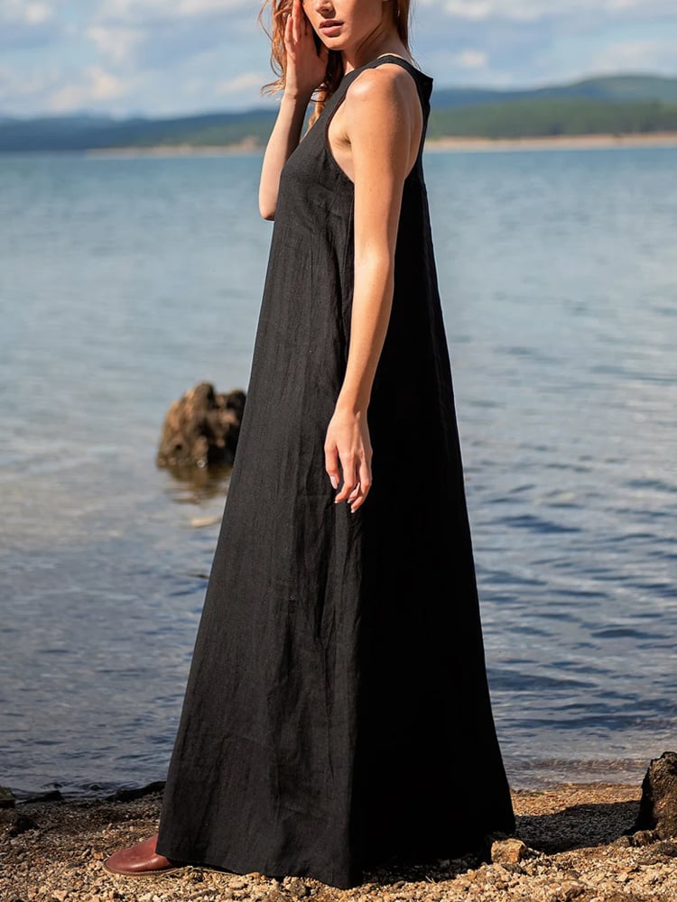 Women's Casual Solid Color Sleeveless Linen Long Dress