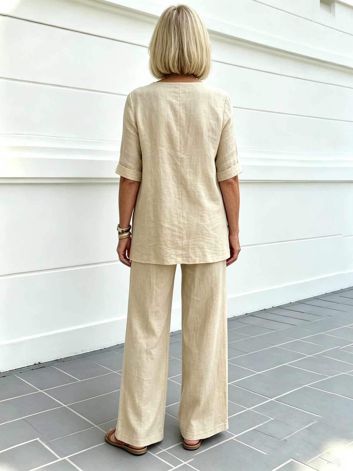 Casual Cotton and Linen Solid Color Fashion Casual Medium Sleeve V-neck Top Set