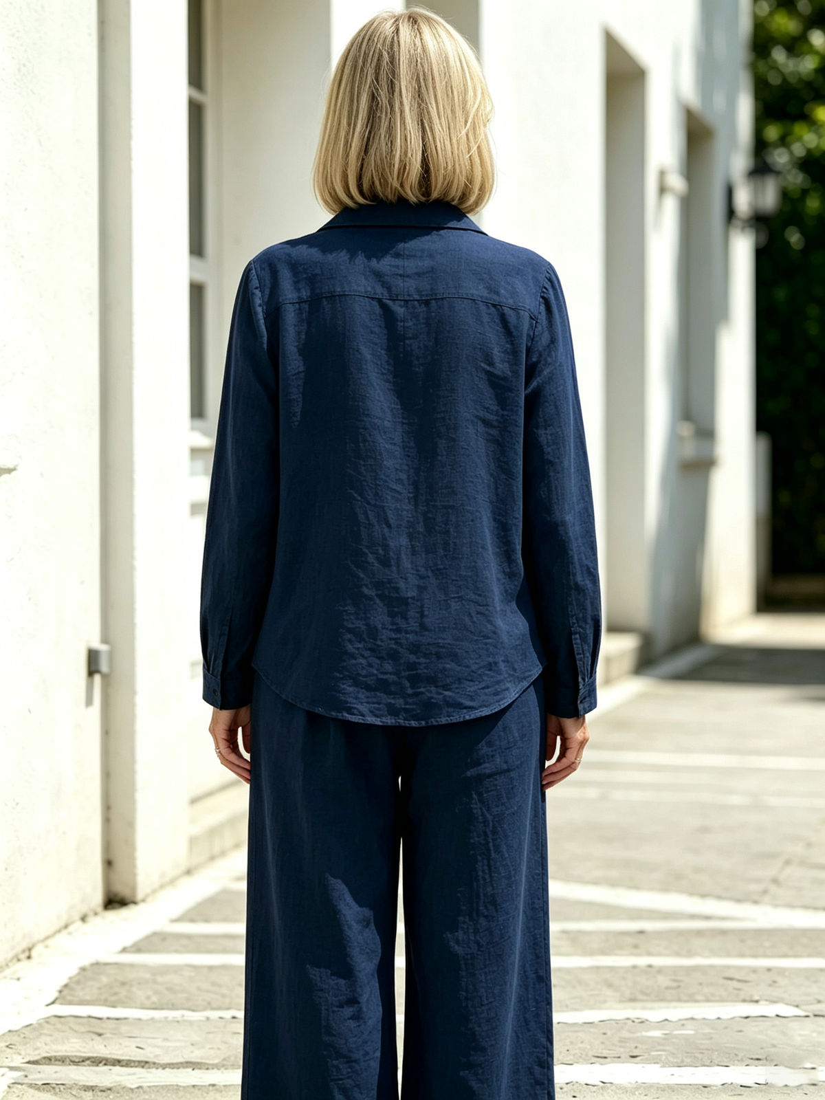 2 Piece Casual Outfit Set, Polo Collar Long Sleeve Button Front Blouse, Loose Solid Color Top, Elastic High Waist Wide Leg Trousers, Full Length Palazzo Pants, Soft Lightweight Textured Fabric, Relaxed Fit Matching Suit for Daily Wear, Vacation and Commut