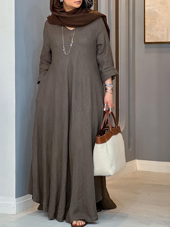 Women's Casual Solid Color V-Neck Long Sleeve Cotton and Linen Dress