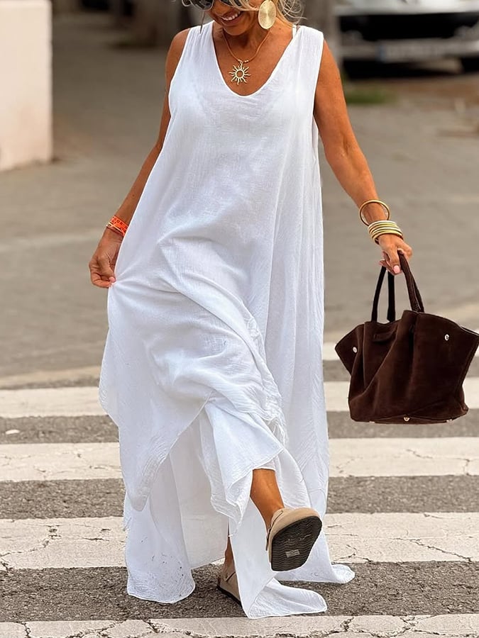 Women'S Casual Solid Color Loose Pleated Irregular Hem Dress