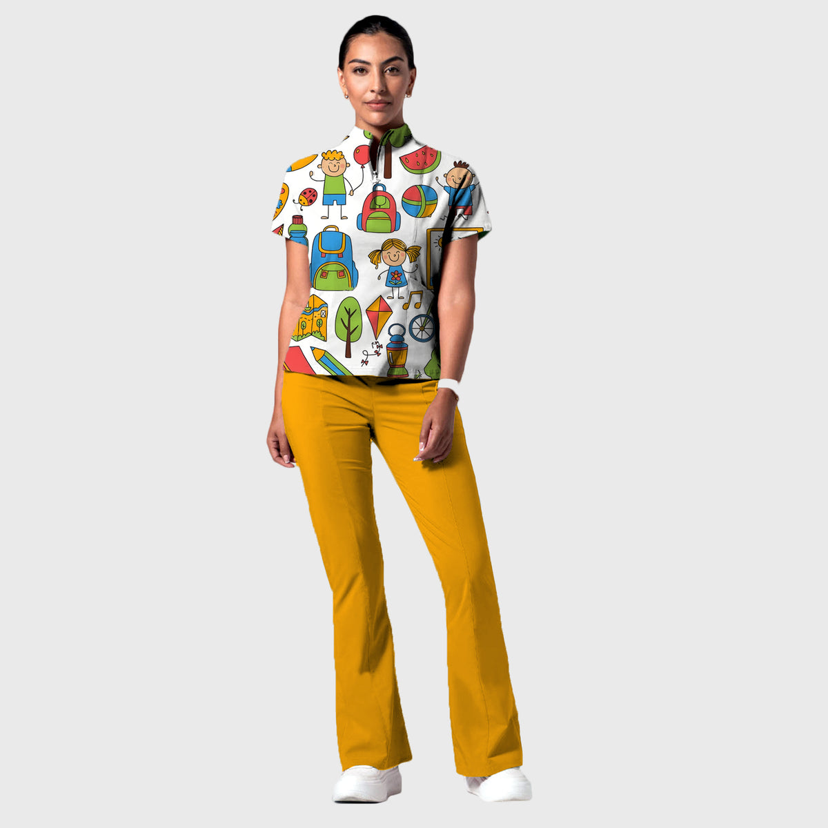 Women's Stand-Up Tie Zipper Cartoon Printed Scrub Set ST9109