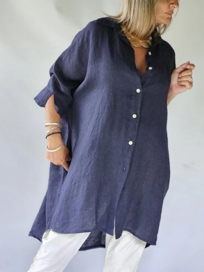 Women's Casual Solid Color Lapel Long Sleeve Button Cotton and Linen Shirt